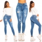 Preview: Moderne Skinny Jeans im Used-Look mit Schrift-Prints - blue washed