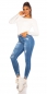 Preview: Moderne Skinny Jeans im Used-Look mit Schrift-Prints - blue washed