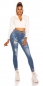 Preview: High Waist Skinny Jeans im Used-Look mit Schrift-Prints - blue washed