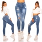 Preview: High Waist Skinny Jeans im Used-Look mit Schrift-Prints - blue washed