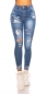 Preview: High Waist Skinny Jeans im Used-Look mit Schrift-Prints - blue washed