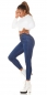 Preview: Figurbetonte High Waist Jeans mit Knopfleiste und Zierkettchen - blue washed