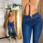 Preview: High Waist Jeans mit Knopfleiste und Schmucknieten - blue washed