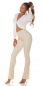 Preview: Sexy Thermo Leder-Look Hose mit Schlag - beige