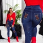 Preview: High Waist Leggings im Jeans-Look mit modischen Blumen-Print - blau