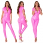 Preview: Sexy Wetlook-Overall mit Zipper und kurzen Ärmeln - pink