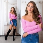 Preview: Figurbetonter Rippstrick-Pullover mit V-Ausschnitt in rosa