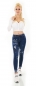 Preview: High Waist Skinny Jeans im Used-Look mit Schrift-Prints - dark blue