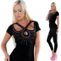 Preview: Figurbetontes Shirt mit Cut Out und funkelnder Strass-Applikation - schwarz