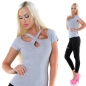 Preview: Figurbetontes Shirt mit Cut Out und funkelnder Strass-Applikation - stone