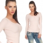 Preview: Taillierter Rippstrick-Pullover mit kurzer Knopfleiste - altrosa