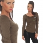 Preview: Figurbetonter Pullover in Wildleder-Optik mit Schmuck-Patches - olive