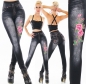 Preview: High Waist Thermo-Leggings im Jeans-Look mit Blumen-Verzierung in black denim