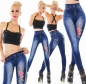 Preview: High Waist Thermo-Leggings im Jeans-Look mit Blumen-Verzierung in blue denim