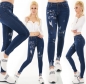 Preview: High Waist Skinny Jeans im Used-Look mit Schrift-Prints - dark blue