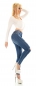 Preview: High Waist Skinny Jeans im Used-Look mit Schrift-Prints - blue washed