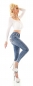 Preview: Sexy High Waist Stretch Jeans mit Knopfleiste und Glamour-Skull - blue washed