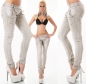 Preview: Crash-Jeans mit diagonaler Knopfleiste in beige