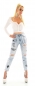 Preview: High Waist Röhren-Jeans mit Schriftprints und Zierkette in light blue