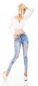 Preview: Röhrenjeans im Destroyed-Style mit Glitzer-Skulls in light blue