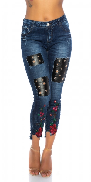 Sexy Skinny-Jeans mit Leder-Patches und Blumen-Stickerei - dark blue