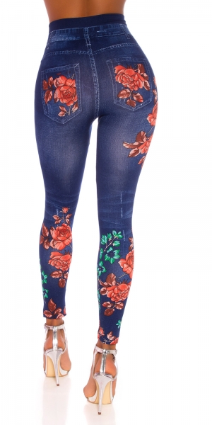 High Waist Leggings in Jeans-Optik mit Blüten-Prints - blue washed