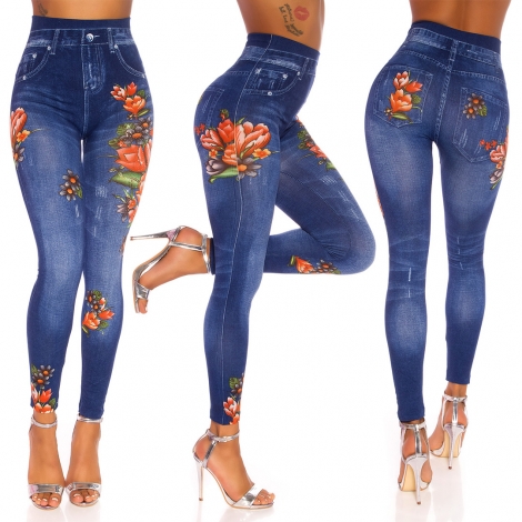 High Waist Leggings in Jeans-Optik mit Blumenprints - blue washed