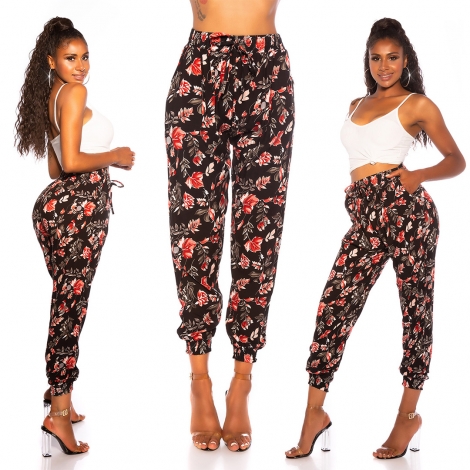 Luftig leichte Sommer-Hose mit Flower-Print - multicolor/schwarz