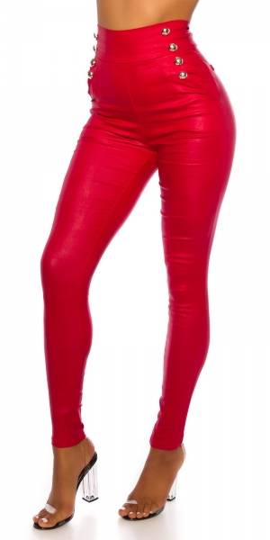 Sexy High-Waist-Hose im Lederlook mit Zierknöpfen - rot