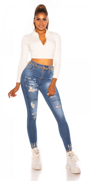 High Waist Skinny Jeans im Used-Look mit Schrift-Prints - blue washed