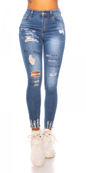 High Waist Skinny Jeans im Used-Look mit Schrift-Prints - blue washed