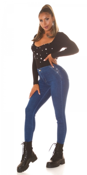 Sexy Skinny Stretch Jeans mit dezenter Strass-Verzierung - jeansblau