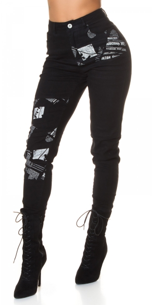 High Waist Stretch Jeans mit frechen Prints - schwarz