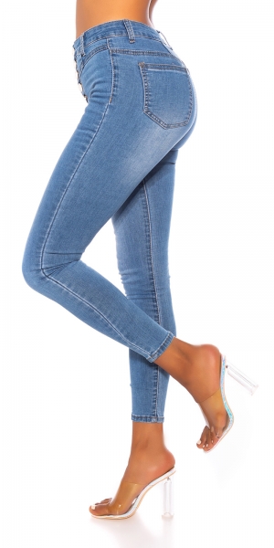 High Waist-Jeans mit aufgesezter Knopfleiste in blue washed