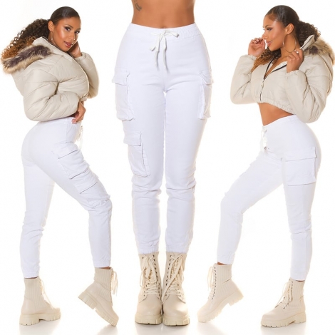 Moderne Damen High Waist Cargo Jeans Hose in weiß