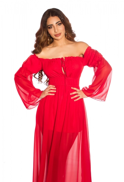 Exklusives Chiffon-Maxikleid mit Carmen-Ausschnitt - rot