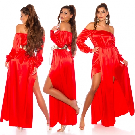 Elegantes Satin-Maxikleid mit Carmen-Ausschnitt - rot