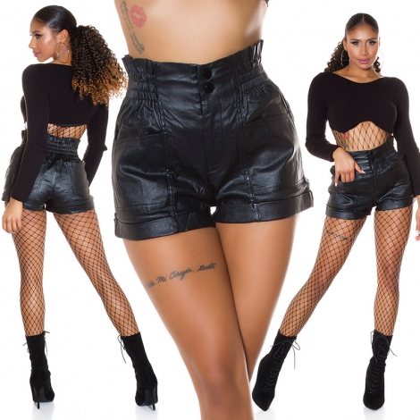 Moderne High Waist Shorts in sexy Kunstleder-Optik - schwarz