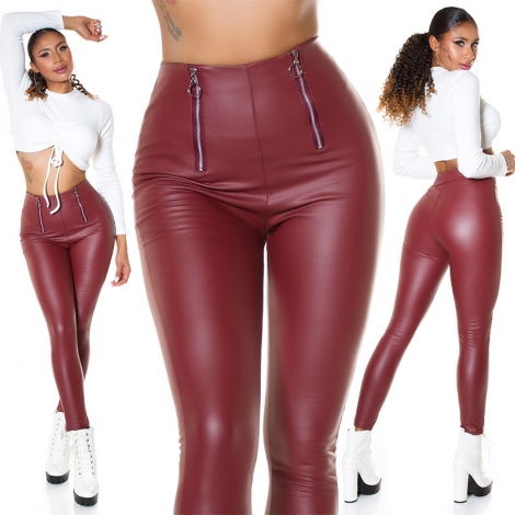 High Waist Kunstleder Leggings mit Zipper - bordeaux