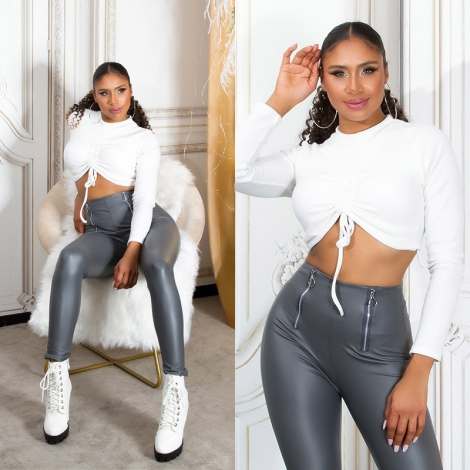 High Waist Kunstleder Leggings mit Zipper - grau