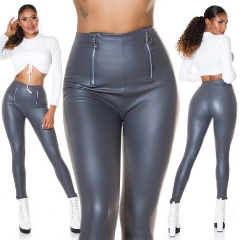 High Waist Kunstleder Leggings mit Zipper - grau