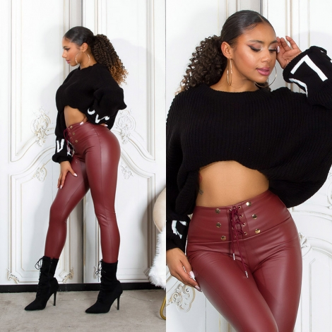 High Waist Thermo-Leggings im sexy Wetlook mit Schnürung - bordeaux