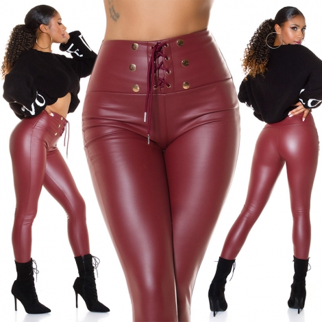 High Waist Thermo-Leggings im sexy Wetlook mit Schnürung - bordeaux