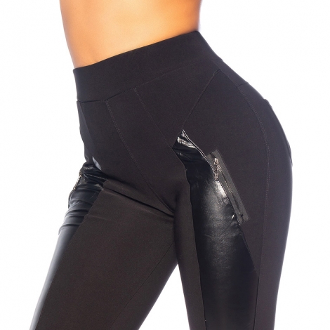 Sexy Leggings mit Leder-Einsätzen und Zierkzippern - schwarz