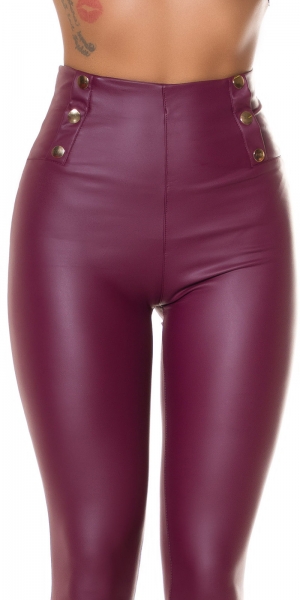 Lederlook Thermo-Leggings mit Zierknopf-Leiste - bordeaux