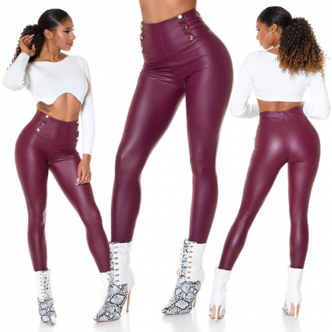 Lederlook Thermo-Leggings mit Zierknopf-Leiste - bordeaux