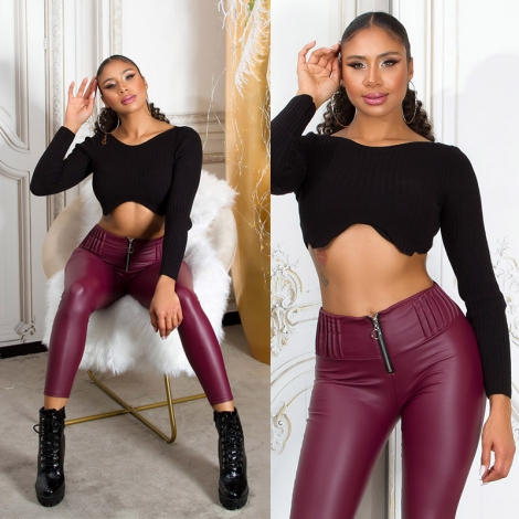 High Waist Thermo Leggings mit Zipper im Wetlook - bordeaux