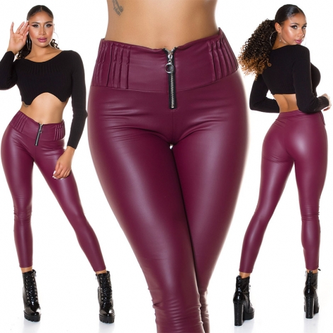 High Waist Thermo Leggings mit Zipper im Wetlook - bordeaux