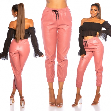 Highwaist Freizeithose im Leder-Look - rosa