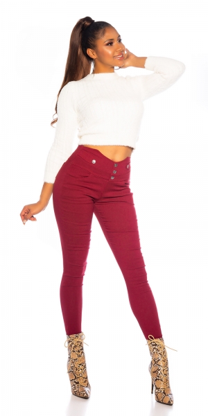 Elegante High Waist Hose mit Zierknopf--Leiste - bordeaux